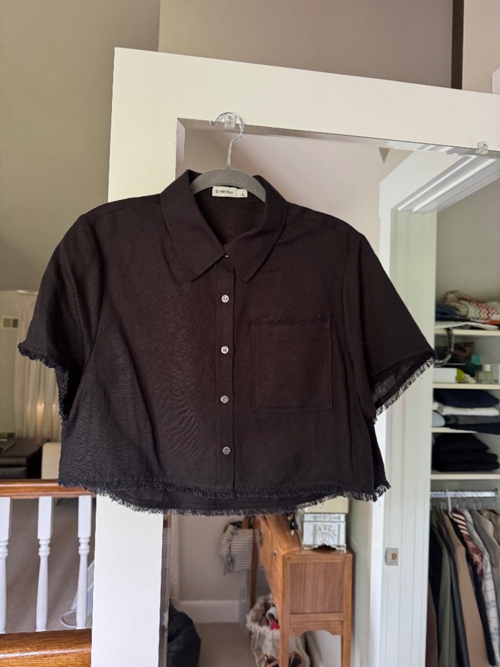Simkhai black cropped linen shortsleeve shirt size L